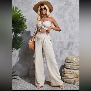 Tall Shirred Drawstring Front Crop Tube Top & Wide Leg Pant (12)